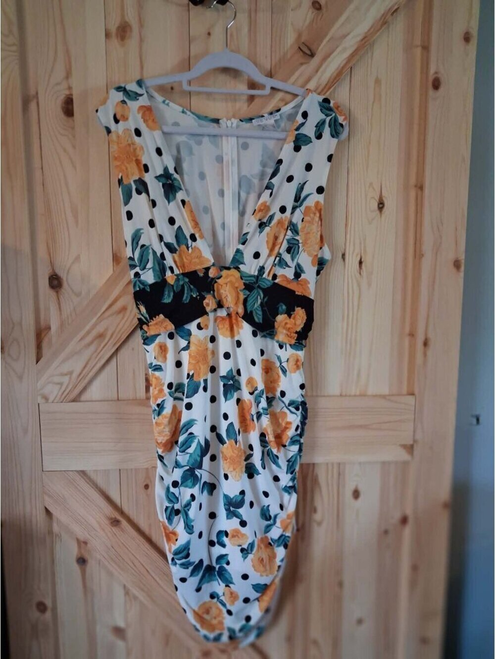 Venus Floral Polka Dot Sleeveless Dress with Deep V-Neck and Ruched Waistband L